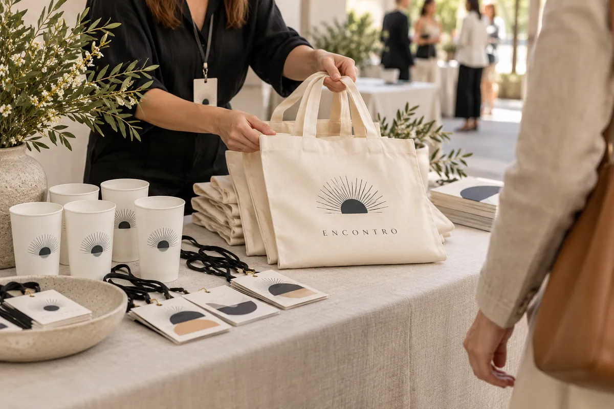 Receção de um evento com sacos, copos e identificadores personalizados