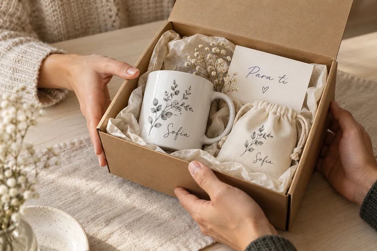 Presente com caneca e bolsa personalizadas com o nome Sofia